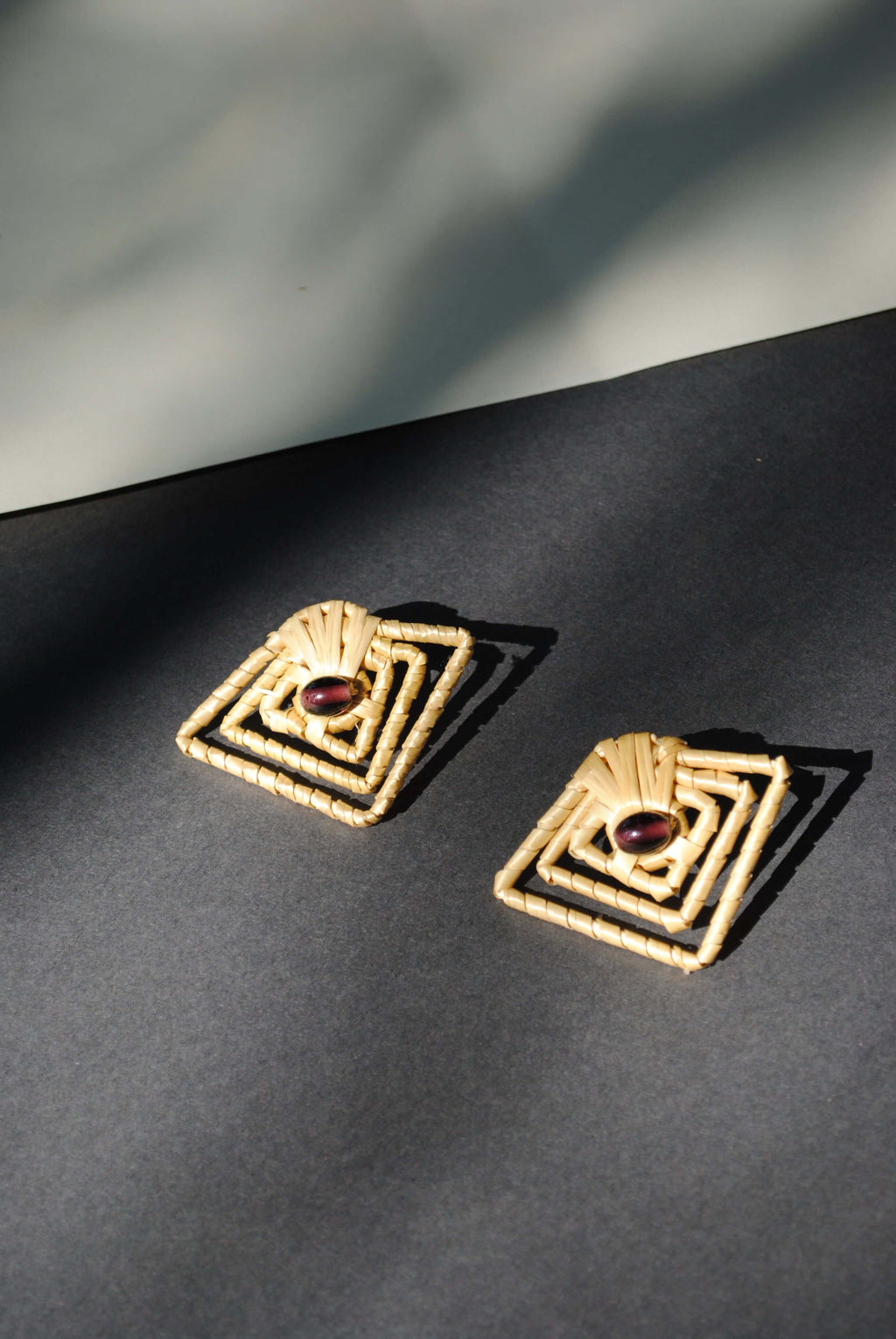 Truna natural fibre golden grass and copper enamel handcrafted earrings from Odisha, diamond shape