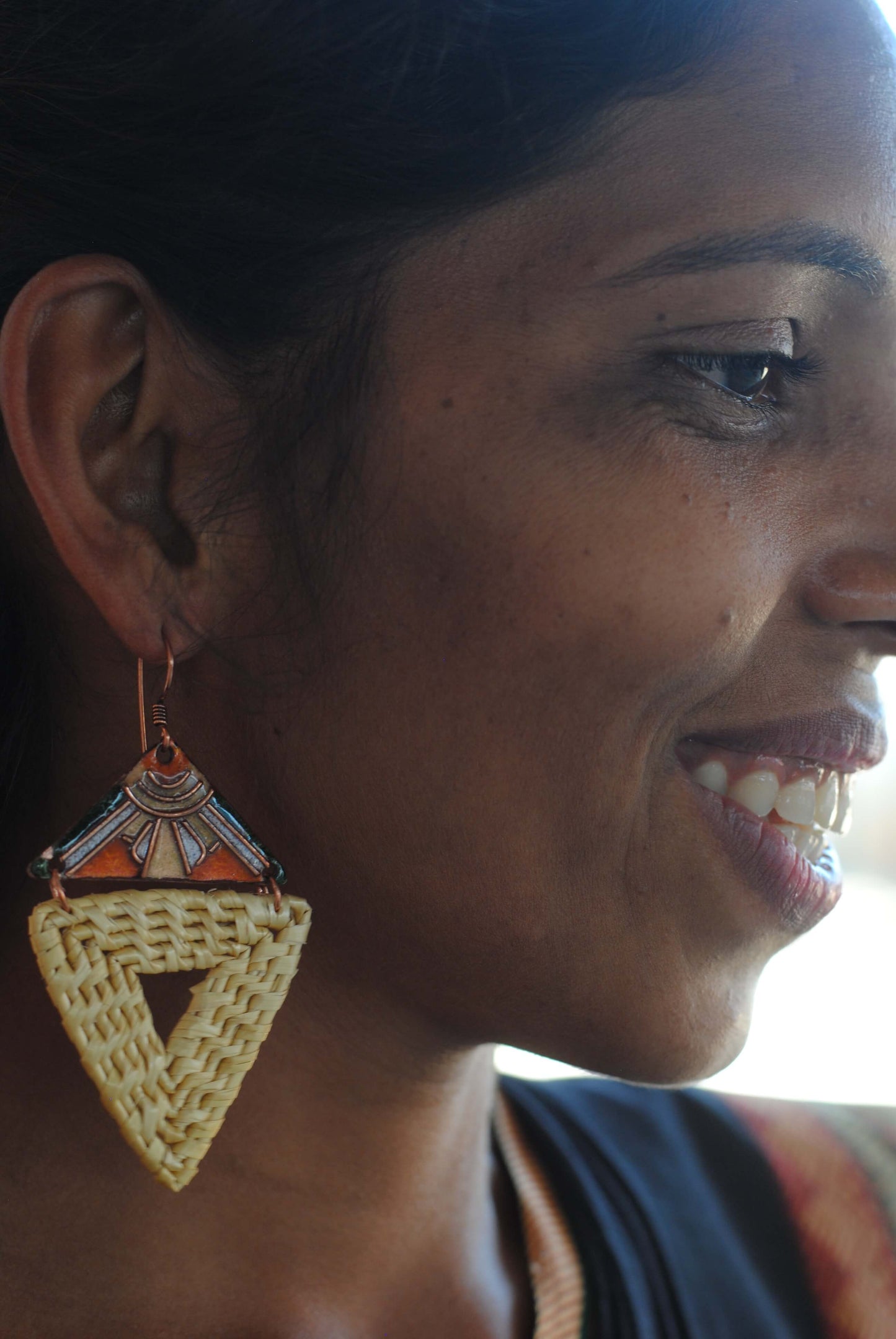 Truna natural fibre golden grass and copper enamel handcrafted jewelry from Odisha, Trikon earrings