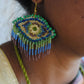 Truna natural fibre golden grass and zardosi handcrafted jewelry from Odisha, nazar peacock blue earrings set