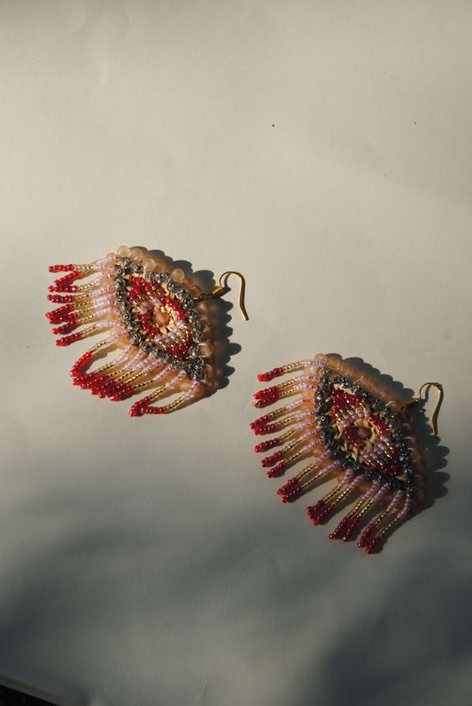 Truna natural fibre golden grass and zardosi handcrafted jewelry from Odisha, nazar pink earrings