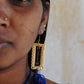 Truna natural fibre golden grass and copper enamel handcrafted jewelry from Odisha. Jharokha earrings in blue