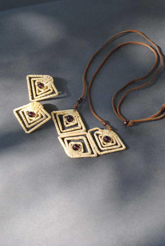 Truna natural fibre golden grass and copper enamel handcrafted jewelry from Odisha, diamond shape. Set of pendant and earrings