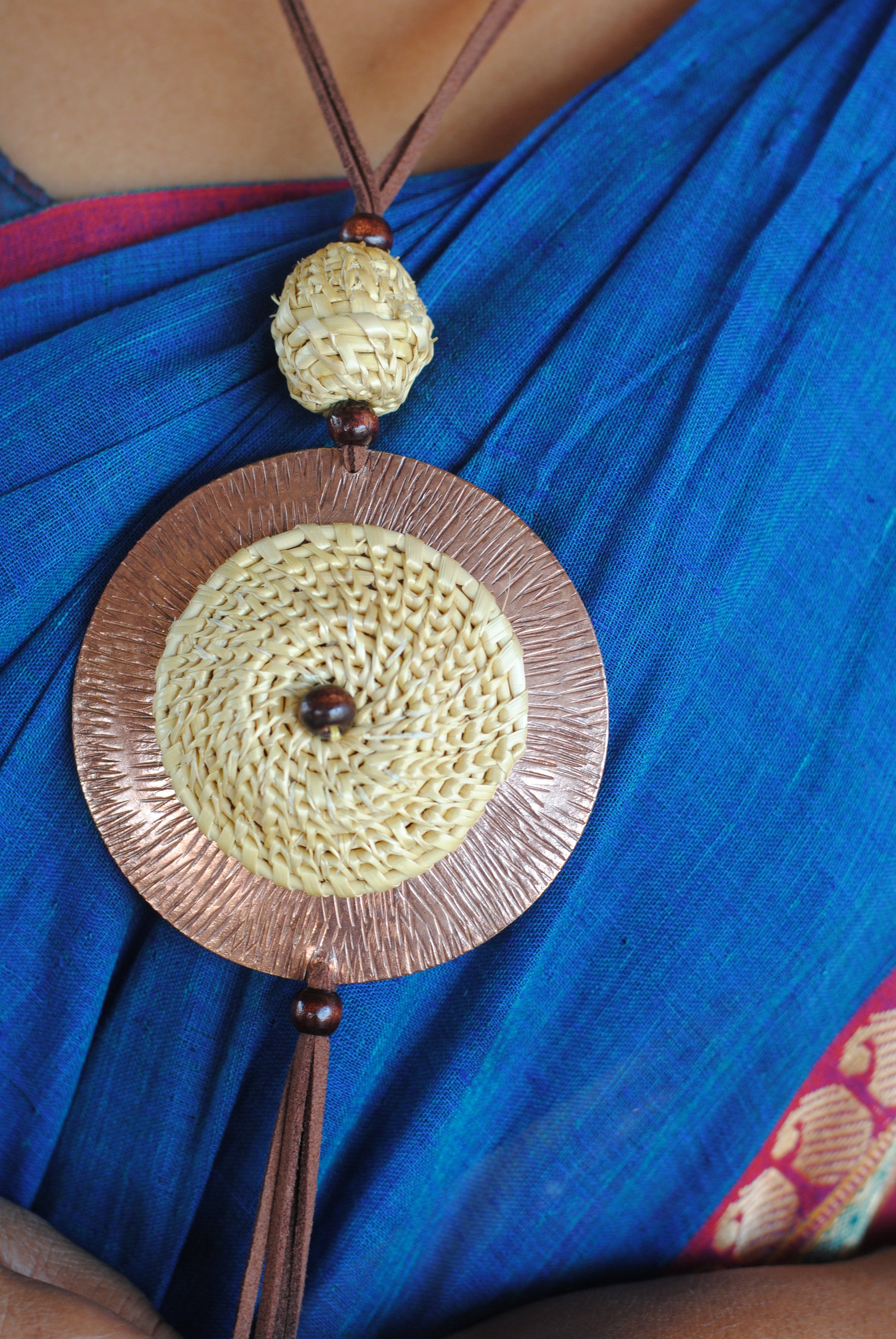 Truna natural fibre golden grass and copper handcrafted jewelry from Odisha, Vaati red pendant