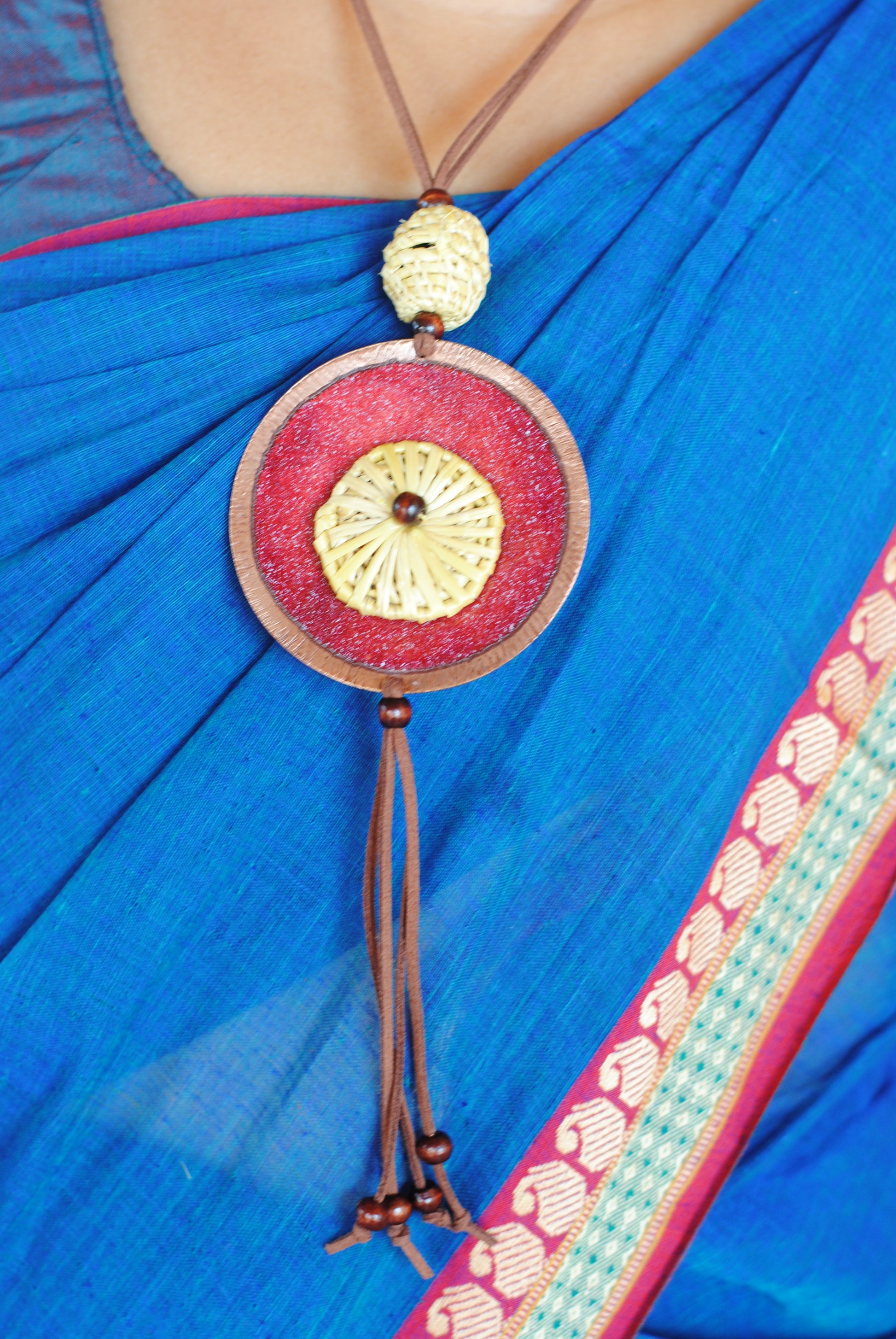 Truna natural fibre golden grass and copper enamel handcrafted jewelry from Odisha, Vaati red pendant